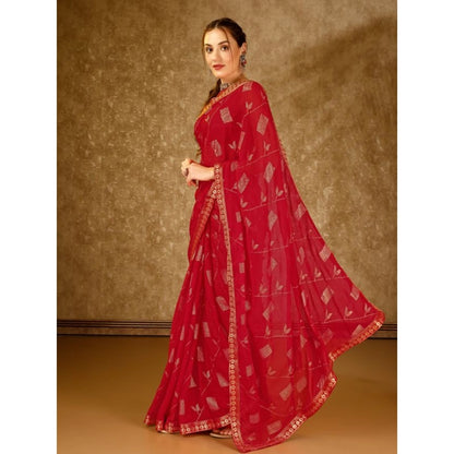 Generic Women's Zomto Patta Chiffon Saree With Unstitched Blouse (Red, 5-6 Mtrs)