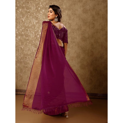 Generic Women's Chiffon Fabric Plain Saree With Unstitched Blouse (Wine, 5-6 Mtrs)