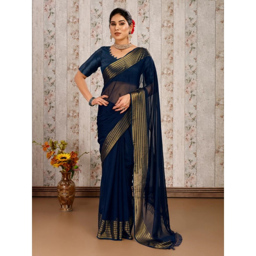 Generic Women's Chiffon Fabric Plain Saree With Unstitched Blouse (Blue, 5-6 Mtrs)