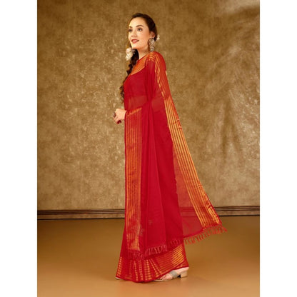 Generic Women's Chiffon Fabric Plain Saree With Unstitched Blouse (Red, 5-6 Mtrs)