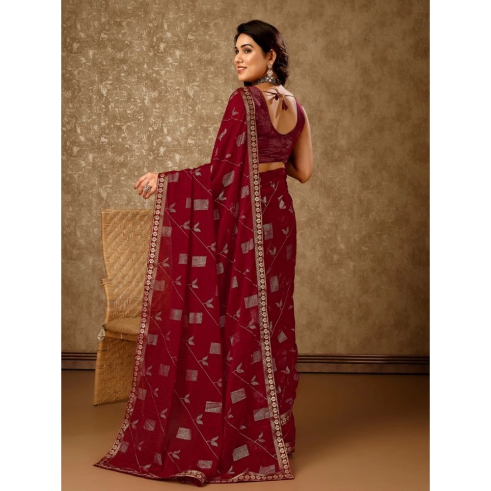 Generic Women's Zomto Patta Chiffon Saree With Unstitched Blouse (Maroon, 5-6 Mtrs)