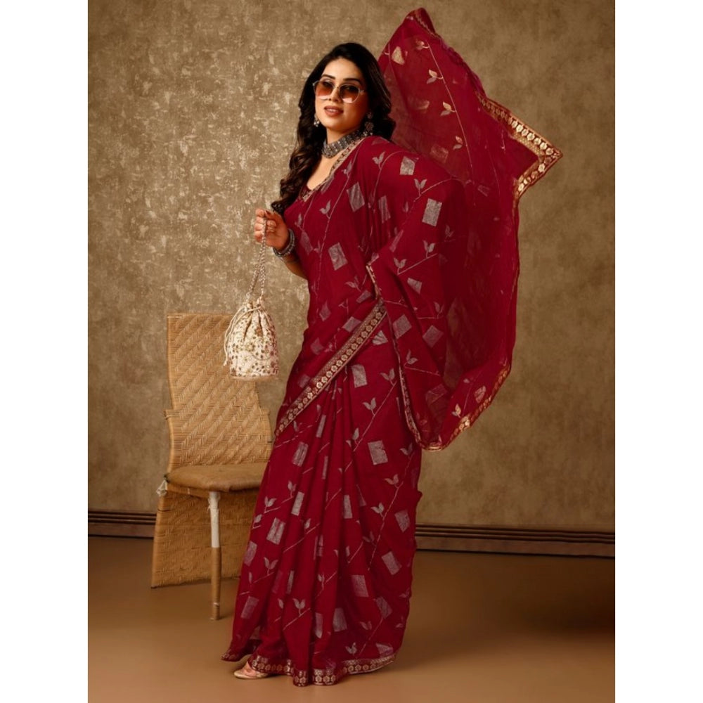 Generic Women's Zomto Patta Chiffon Saree With Unstitched Blouse (Maroon, 5-6 Mtrs)