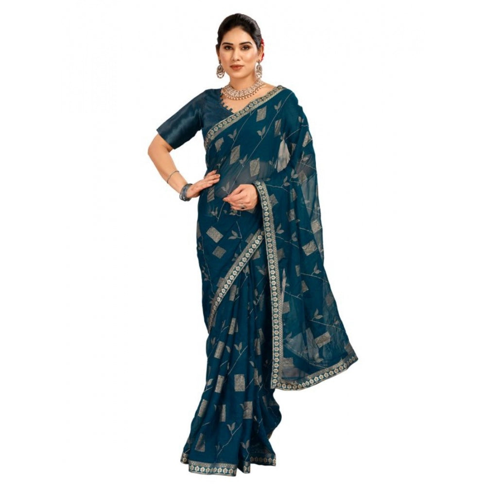 Generic Women's Zomto Patta Chiffon Saree With Unstitched Blouse (Blue, 5-6 Mtrs)