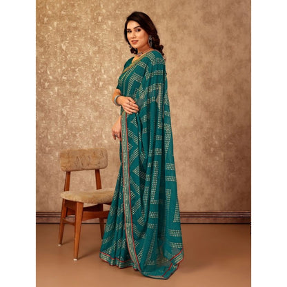 Generic Women's Zomto Zig Zag Saree With Unstitched Blouse (Teal Blue, 5-6 Mtrs)