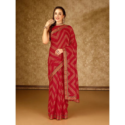 Generic Women's Zomto Zig Zag Saree With Unstitched Blouse (Red, 5-6 Mtrs)