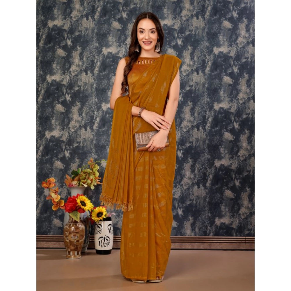 Generic Women's Chiffon Fabric Line Saree With Unstitched Blouse (Mustard, 5-6 Mtrs)