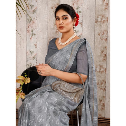 Generic Women's Zomto Checked Saree With Unstitched Blouse (Grey, 5-6 Mtrs)