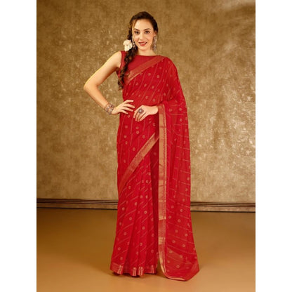 Generic Women's Zomto Bandhini Saree With Unstitched Blouse (Red, 5-6 Mtrs)