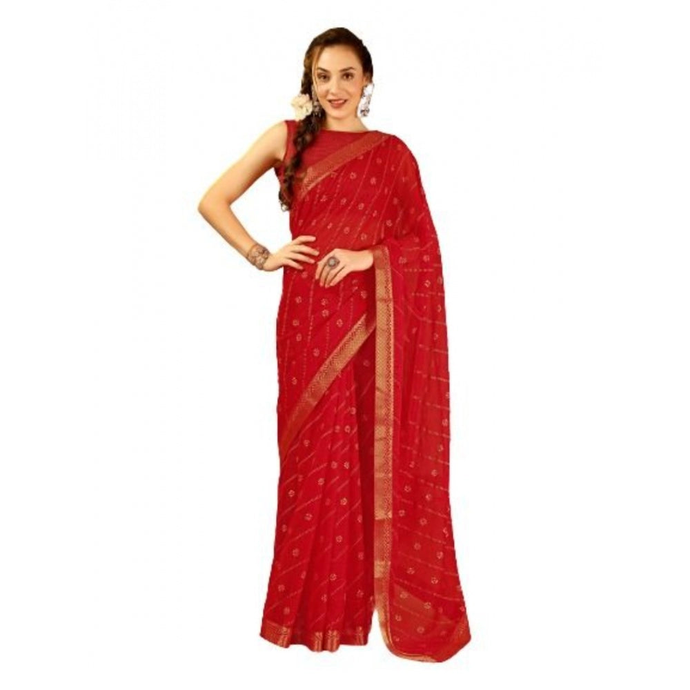 Generic Women's Zomto Bandhani Saree With Unstitched Blouse (Red, 5-6 Mtrs)