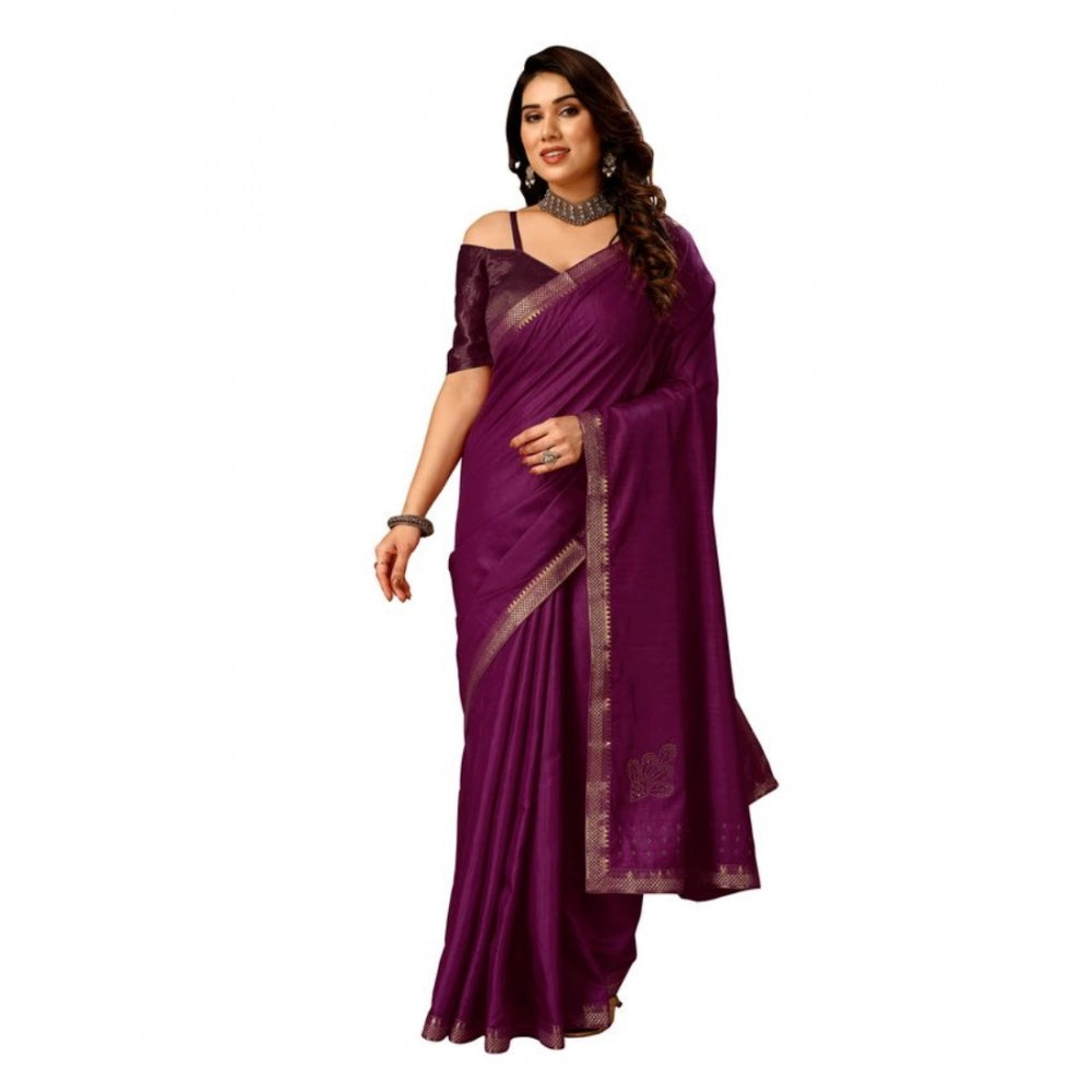 Generic Women's Vichitra Swiroshki Butta Saree With Unstitched Blouse (Wine, 5-6 Mtrs)