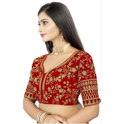 Generic Women's Velvet Embroidery Readymade Blouse (Red, Size: Free Size)