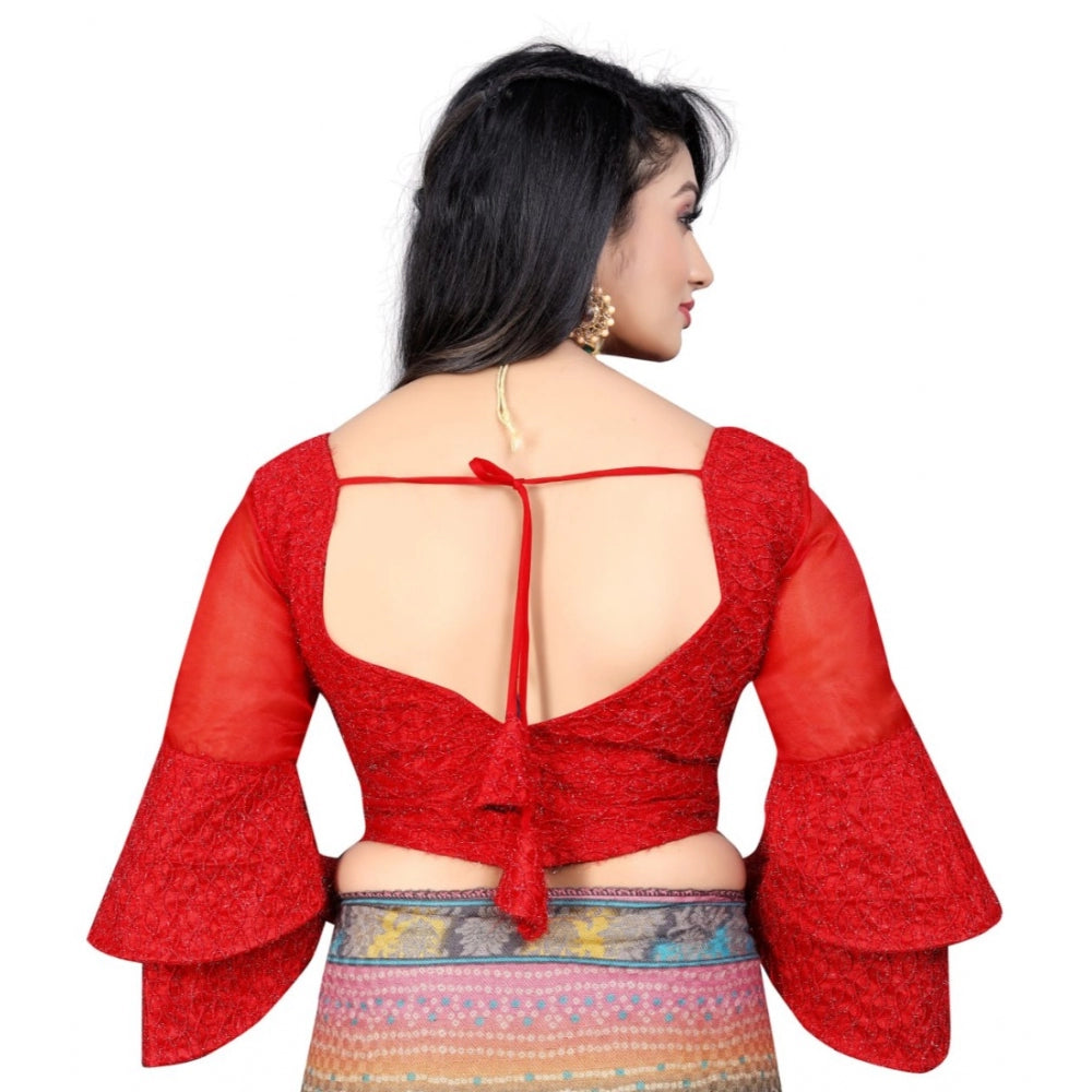 Generic Women's Organza Embroidery Readymade Blouse (Red, Size: Free Size)