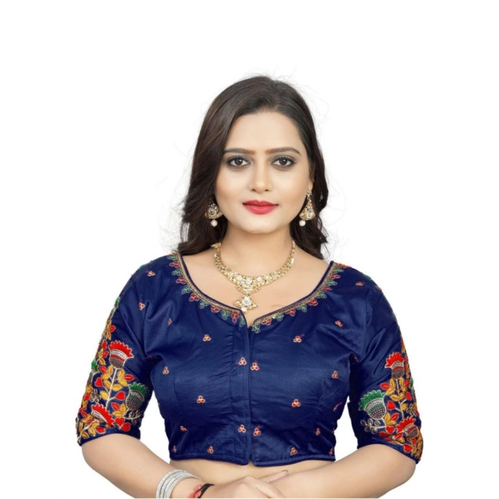 Generic Women's Malai Silk Floral Readymade Blouse (Navy Blue, Size: Free Size)