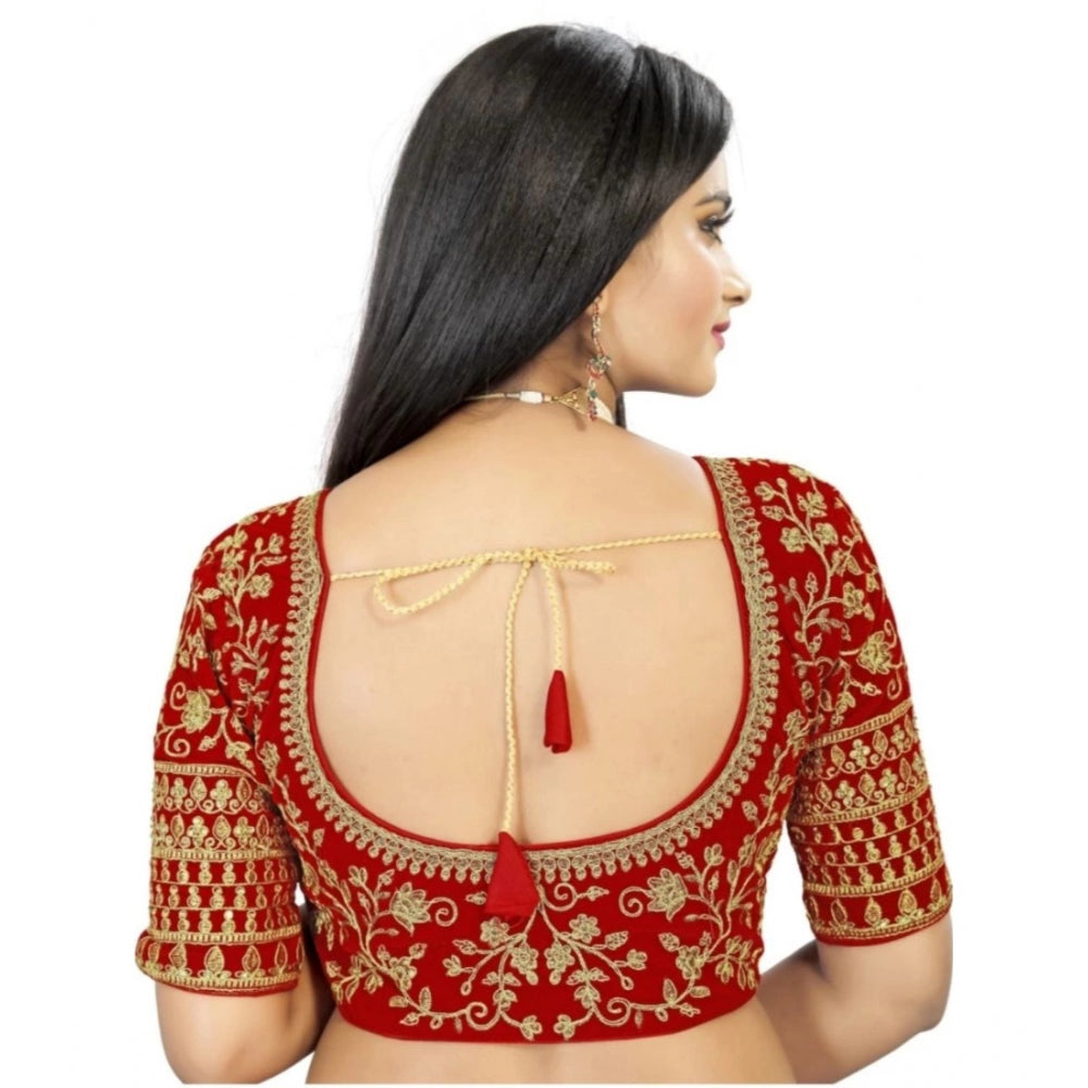 Generic Women's Velvet Embroidery Readymade Blouse (Red, Size: Free Size)