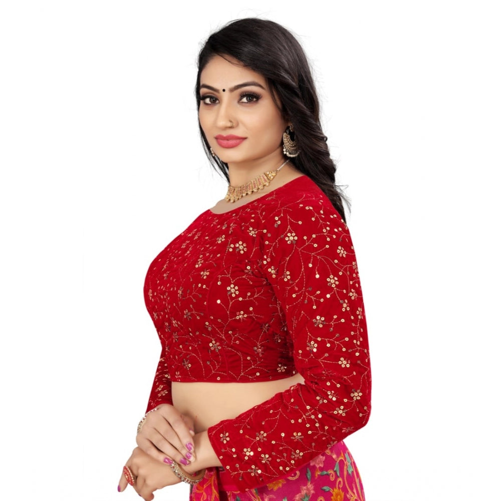 Generic Women's Velvet Embroidery Readymade Blouse (Red, Size: Free Size)