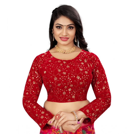 Generic Women's Velvet Embroidery Readymade Blouse (Red, Size: Free Size)