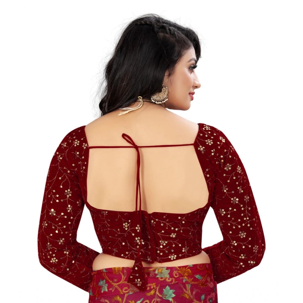 Generic Women's Velvet Embroidery Readymade Blouse (Maroon, Size: Free Size)