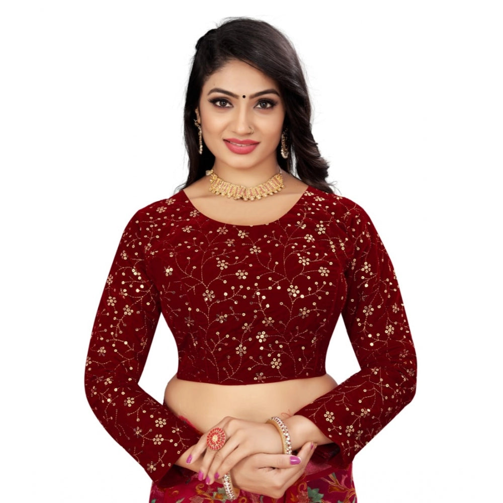 Generic Women's Velvet Embroidery Readymade Blouse (Maroon, Size: Free Size)