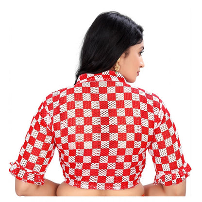 Generic Women's Cotton Blend Checks Readymade Blouse (Red, Size: Free Size)