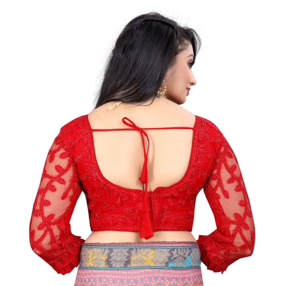 Generic Women's Nylon Net Embroidery Readymade Blouse (Red, Size: Free Size)