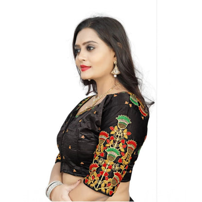 Generic Women's Malai Silk Floral Readymade Blouse (Black, Size: Free Size)