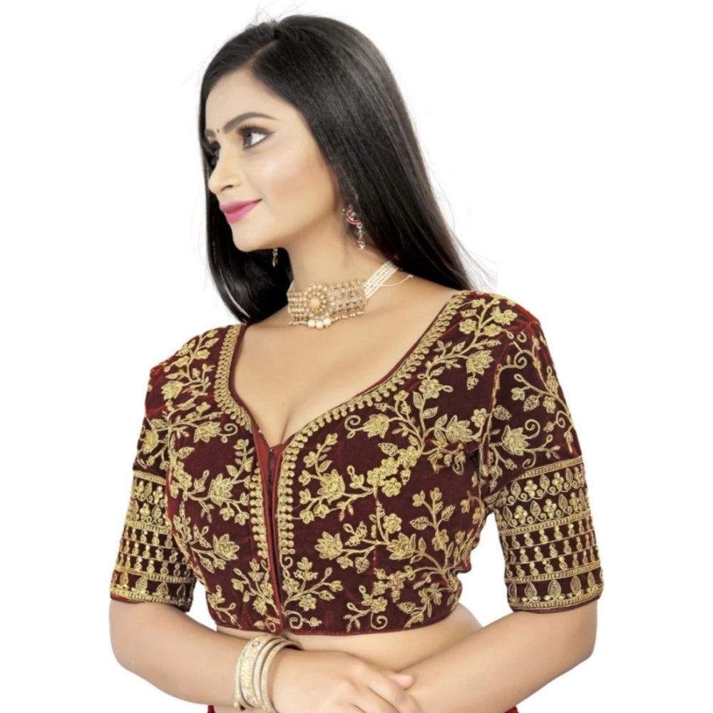 Generic Women's Velvet Embroidery Readymade Blouse (Brown, Size: Free Size)