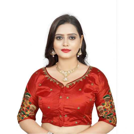 Generic Women's Malai Silk Floral Readymade Blouse (Red, Size: Free Size)