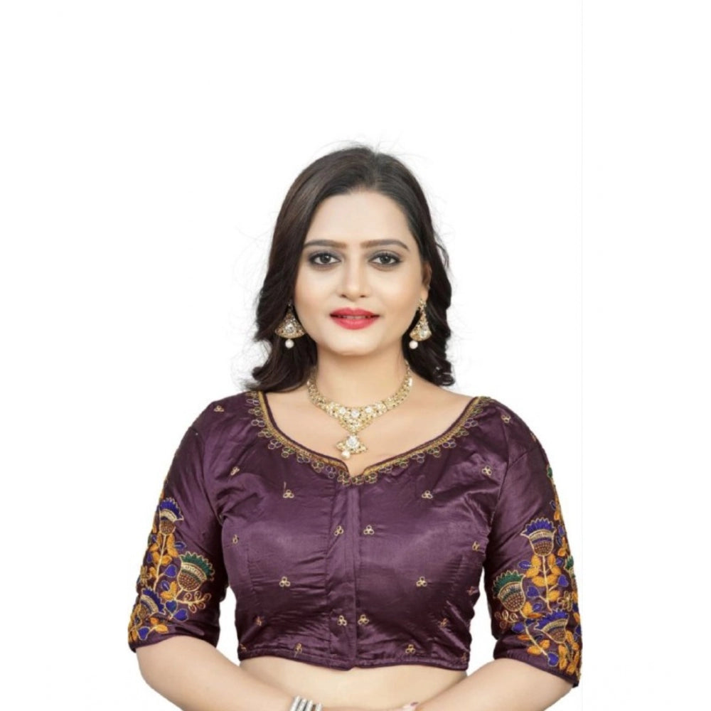 Generic Women's Malai Silk Floral Readymade Blouse (Purple, Size: Free Size)