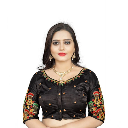 Generic Women's Malai Silk Floral Readymade Blouse (Black, Size: Free Size)