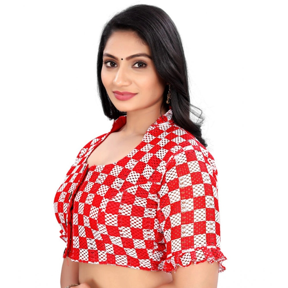 Generic Women's Cotton Blend Checks Readymade Blouse (Red, Size: Free Size)