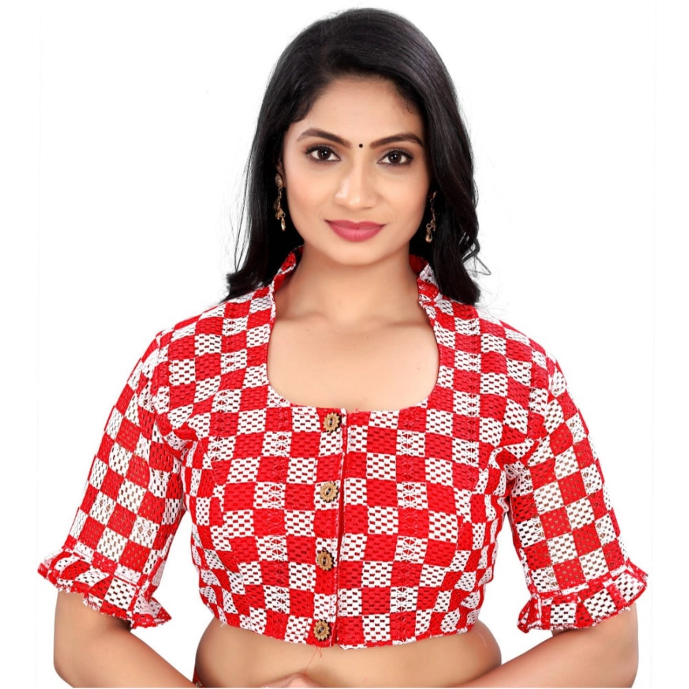 Generic Women's Cotton Blend Checks Readymade Blouse (Red, Size: Free Size)