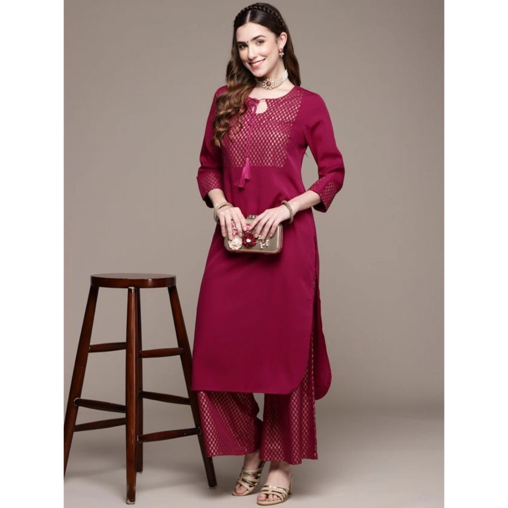 Generic Women's Casual Full Sleeve Ethnic Motifs Crepe Kurti and Palazzo Set (Dark Pink)