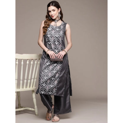 Generic Women's Casual Sleeveless Floral Printed Poly Silk Kurti and Palazzo Set (Dark Grey)