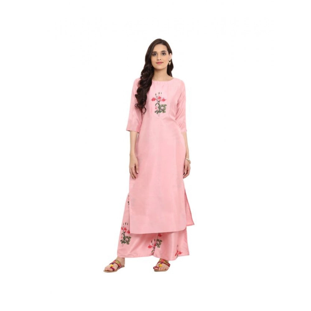 Generic Women's Casual 3-4Th Sleeve Floral Printed Poly Silk Kurti and Palazzo Set (Pink)