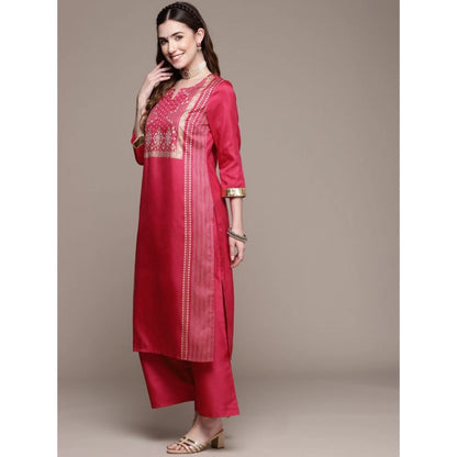 Generic Women's Casual 3-4Th Sleeve Ethnic Motifs Poly Silk Kurti And Palazzo Set (Pink)