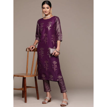 Generic Women's Casual 3-4Th Sleeve Floral Printed Chinon Kurti and Pant Set (Purple)