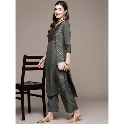 Generic Women's Casual 3-4Th Sleeve Stripes Crepe Kurti and Pant Set (Dark Grey)