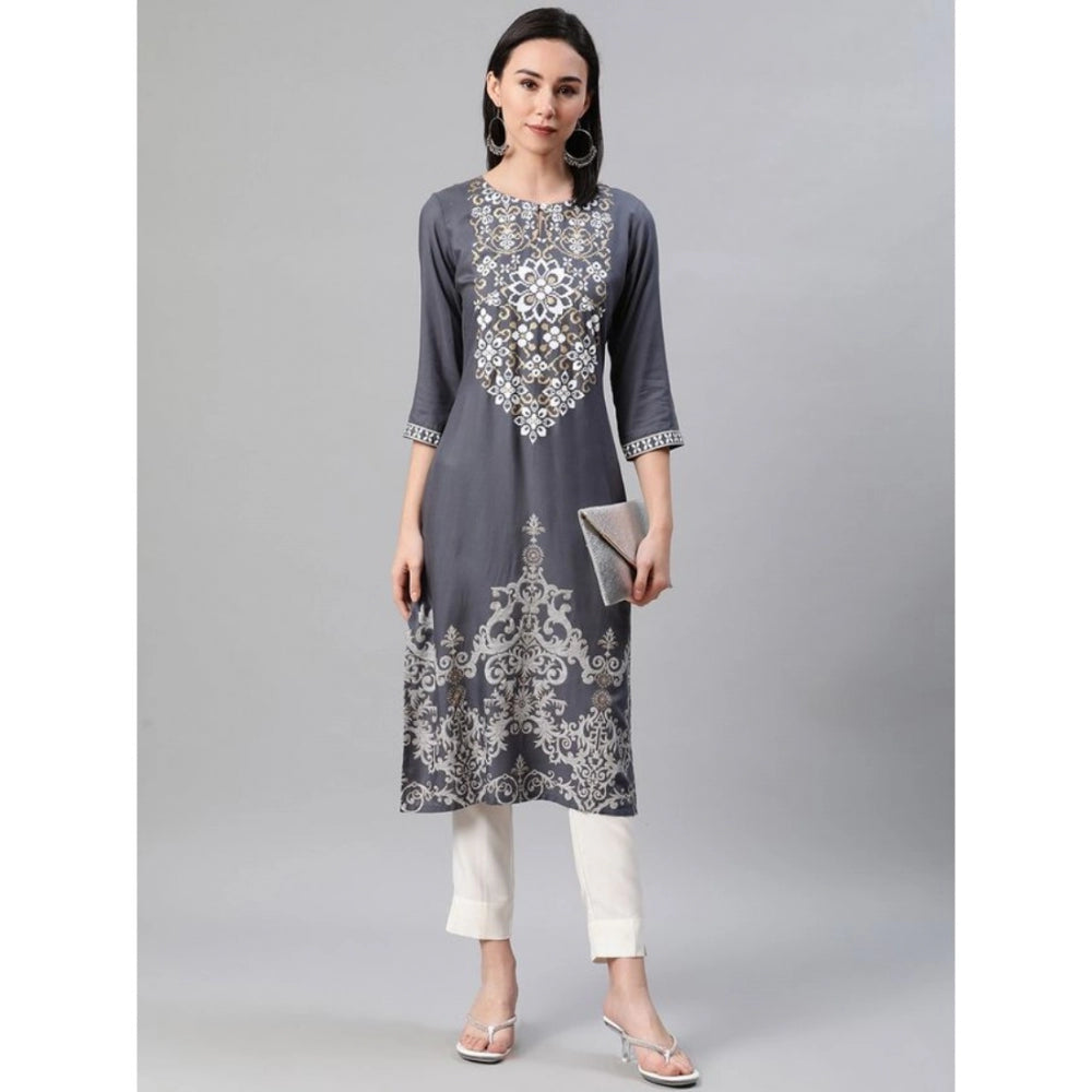 Generic Women's Casual 3-4Th Sleeve Floral Printed Rayon Kurti And Pant Set (Grey)