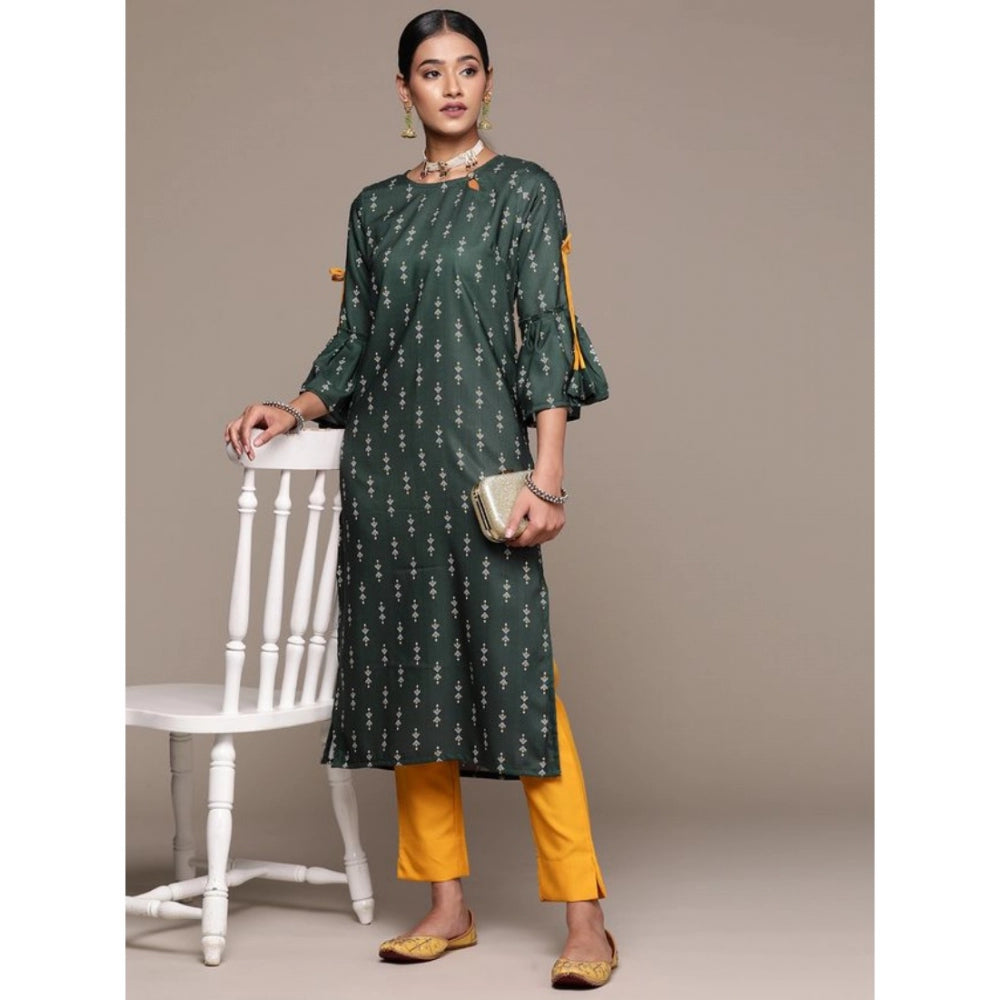 Generic Women's Casual 3-4Th Sleeve Ethnic Motifs Rayon Kurti And Pant Set (Bottle Green)