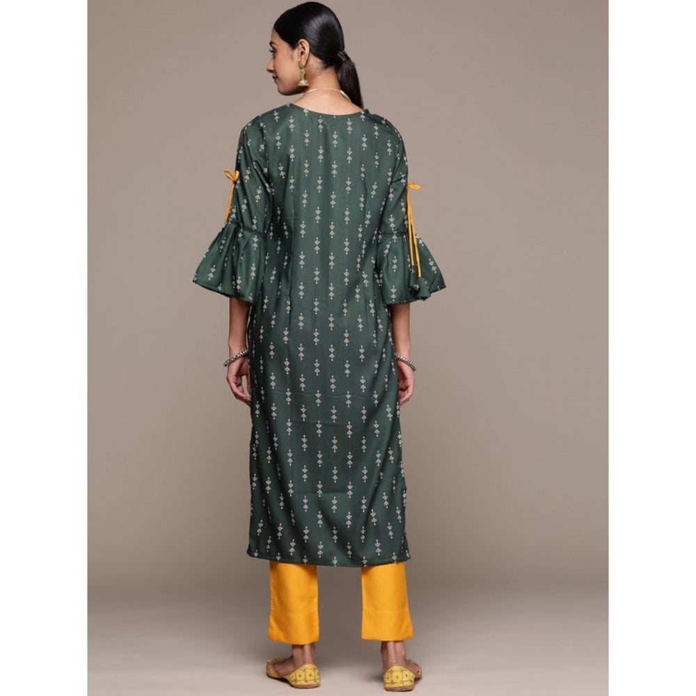 Generic Women's Casual 3-4Th Sleeve Ethnic Motifs Rayon Kurti And Pant Set (Bottle Green)