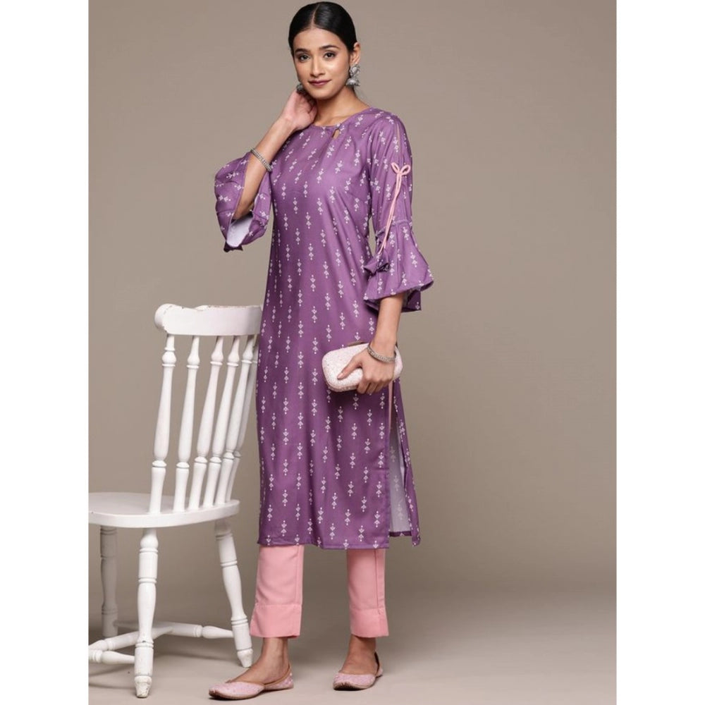 Generic Women's Casual 3-4Th Sleeve Ethnic Motifs Rayon Kurti And Pant Set (Lavender)