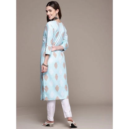 Generic Women's Casual 3-4Th Sleeve Ethnic Motifs Rayon Kurti And Pant Set (Sky Blue)