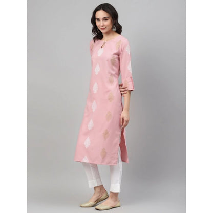 Generic Women's Casual 3-4Th Sleeve Ethnic Motifs Rayon Kurti And Pant Set (Pink)