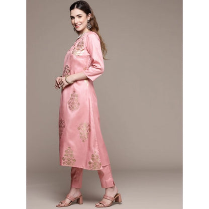 Generic Women's Casual 3-4Th Sleeve Floral Printed Poly Silk Kurti Pant And Dupatta Set (Light Pink)