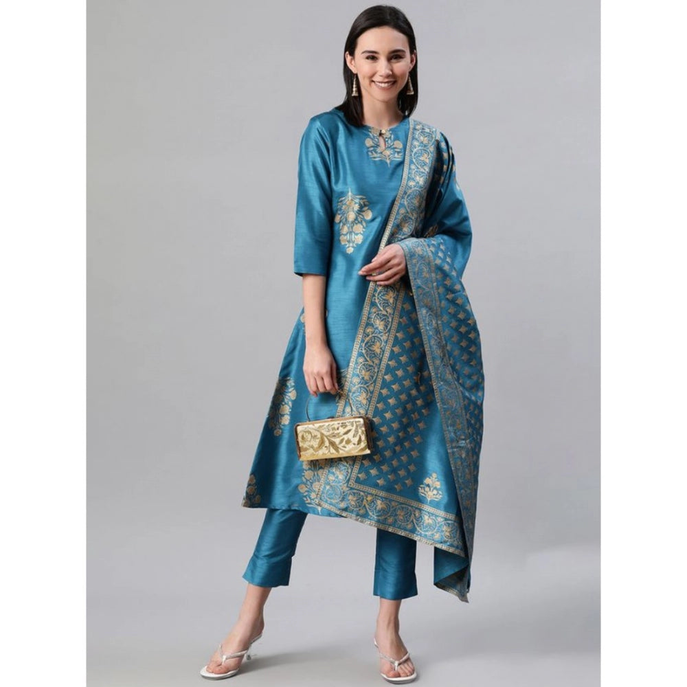 Generic Women's Casual 3-4Th Sleeve Ethnic Motifs Poly Silk Kurti Pant And Dupatta Set (Blue)