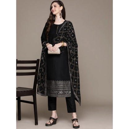 Generic Women's Casual 3-4Th Sleeve Border Crepe Kurti Pant And Dupatta Set (Black)