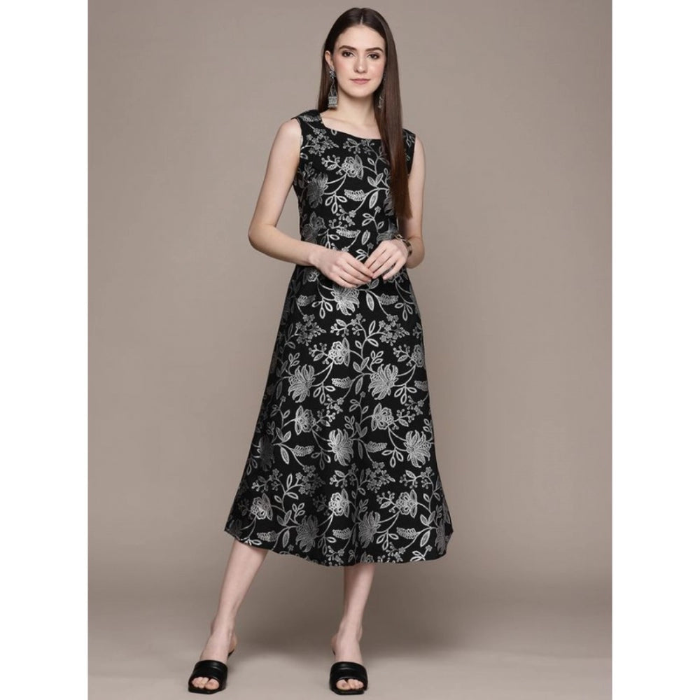 Generic Women's Casual Sleeveless Floral Printed Crepe Ethnic Dress (Black)