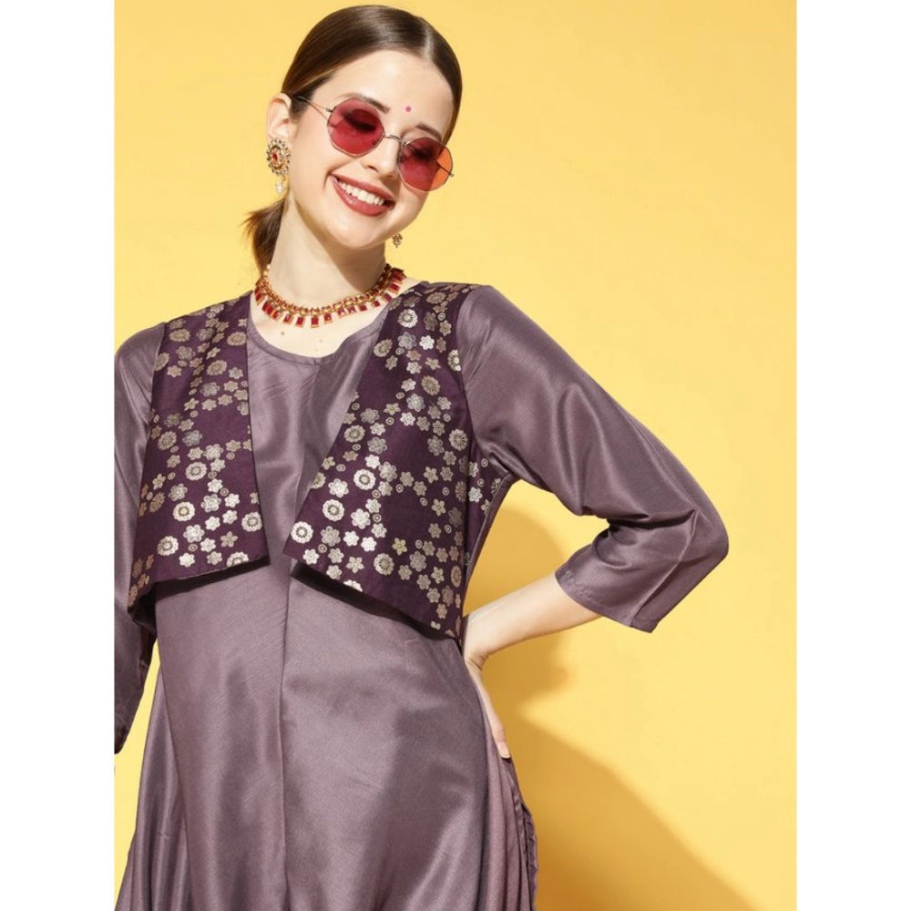 Generic Women's Casual 3-4Th Sleeve Solid Chinon Kurti And Pant Set (Purple)