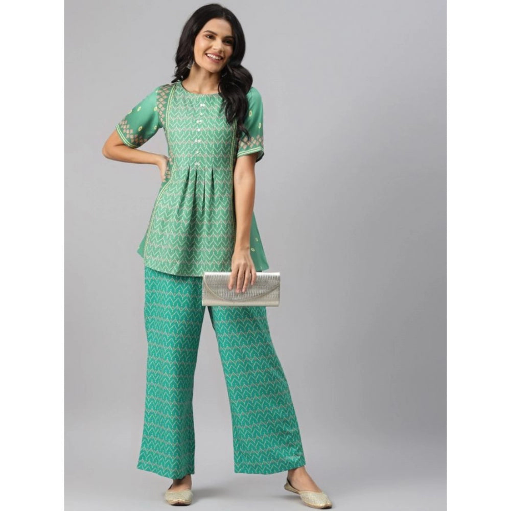 Generic Women's Casual Half Sleeve Geometric Rayon Kurti And Palazzo Set (Green)