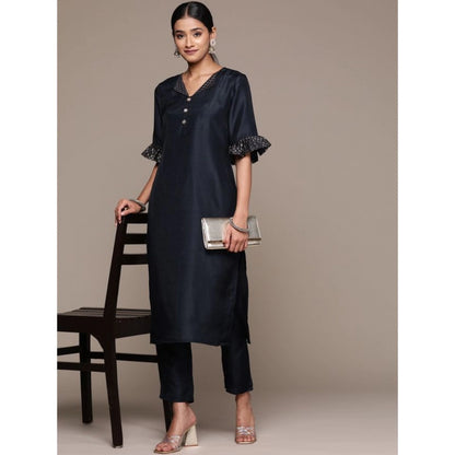 Generic Women's Casual Half Sleeve Solid Chinon Kurti and Pant Set (Navy Blue)